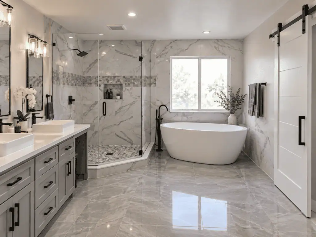 Modern bathroom with walk-in shower and freestanding tub in luxury home.