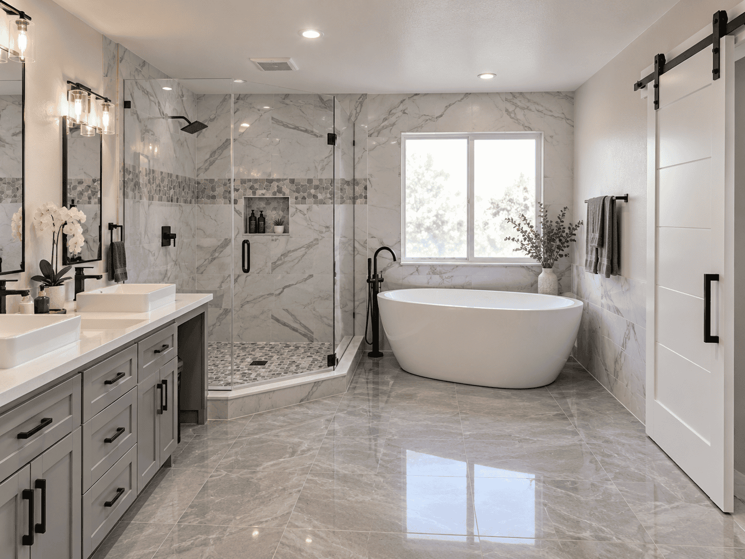 Modern bathroom with walk-in shower and freestanding tub in luxury home.