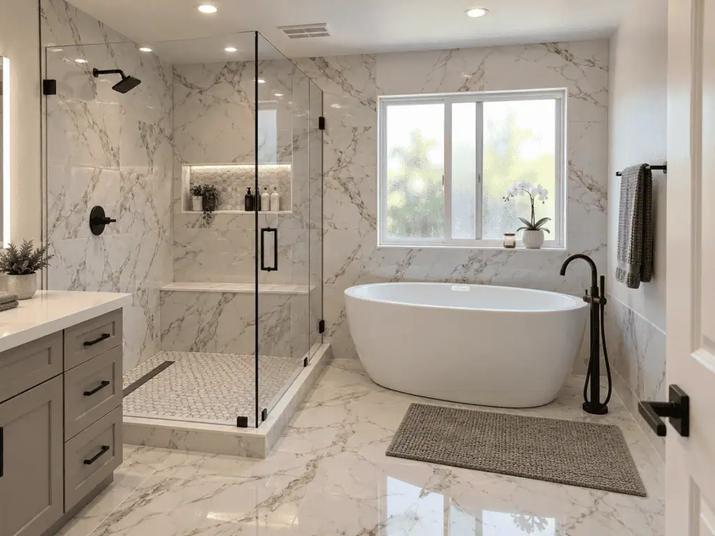Modern bathroom with marble walls, freestanding tub, and glass shower enclosure.