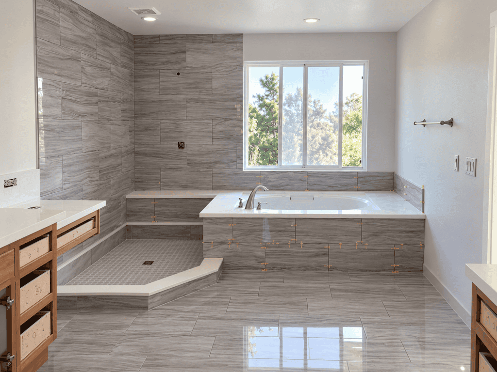 Modern bathroom with bathtub, shower, and large window for natural light.
