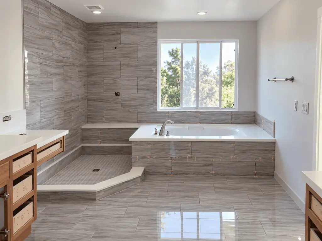Modern bathroom with bathtub, shower, and large window for natural light.