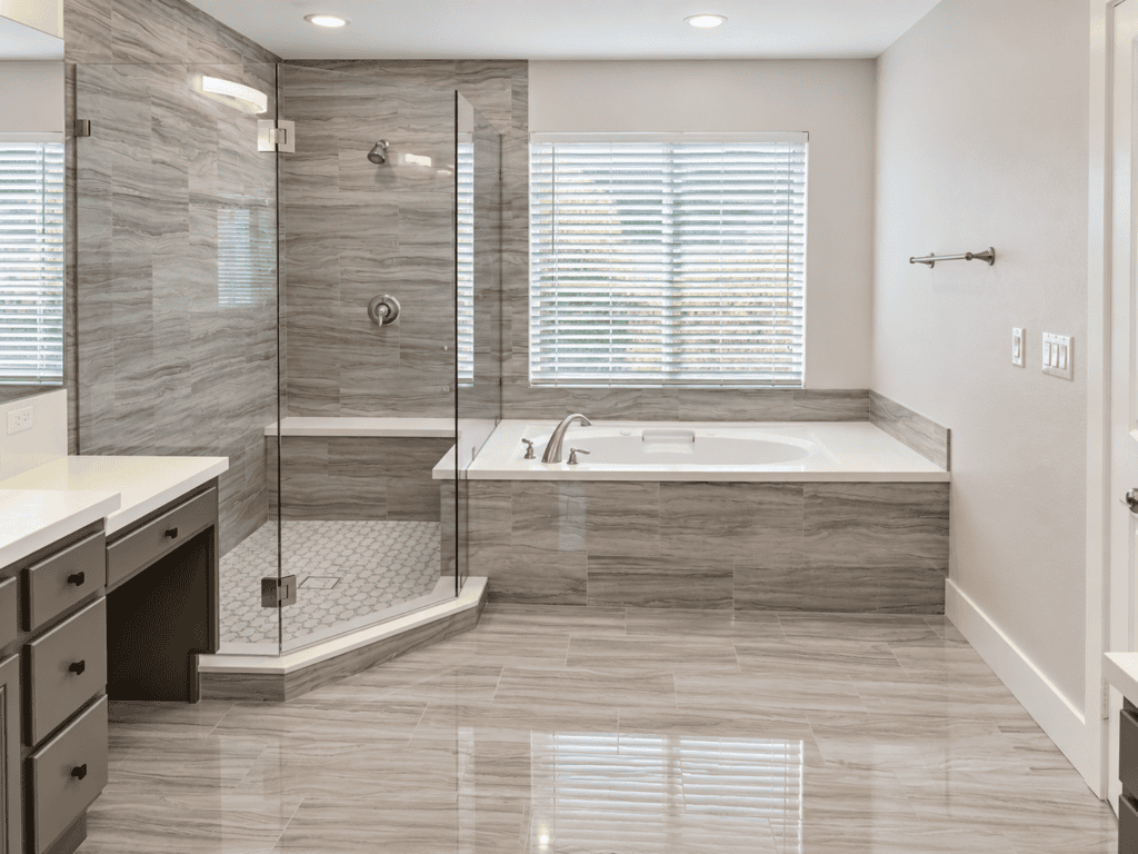 Contemporary bathroom with walk-in shower and bathtub, remodel by JV General Building.