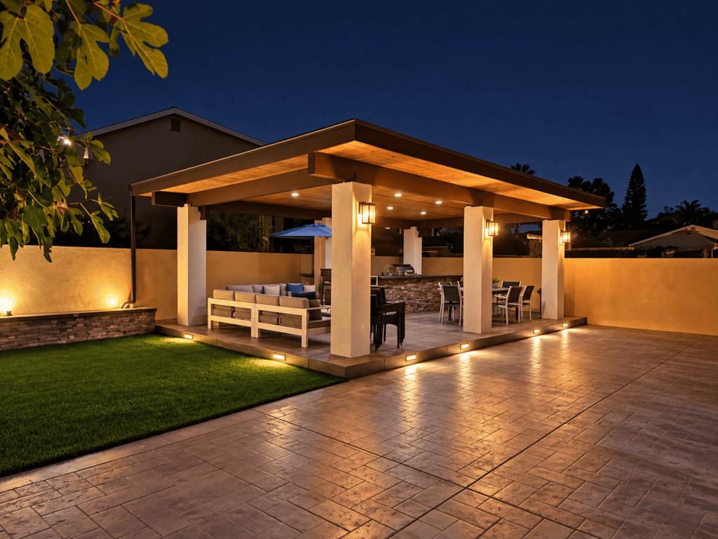 Night view of a modern outdoor patio with lighting and seating area.