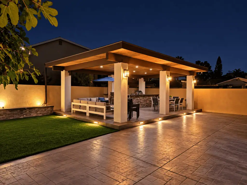 Night view of a modern outdoor patio with lighting and seating area.