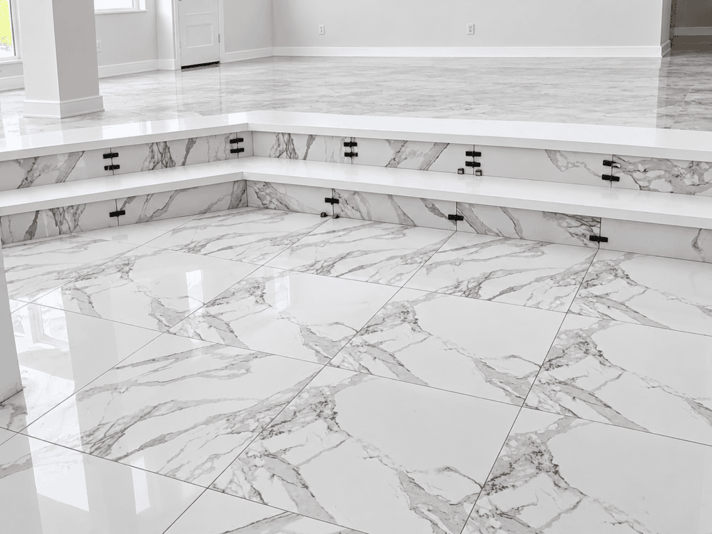 Elegant marble flooring with steps in a modern home interior.