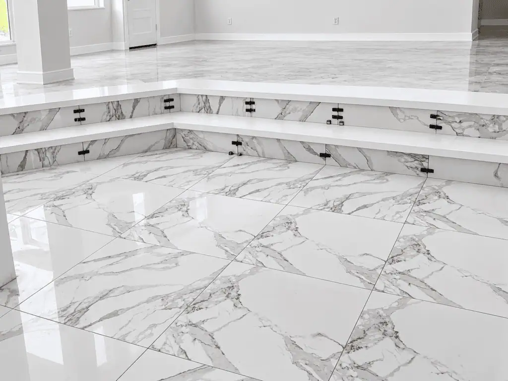 Elegant marble flooring with steps in a modern home interior.