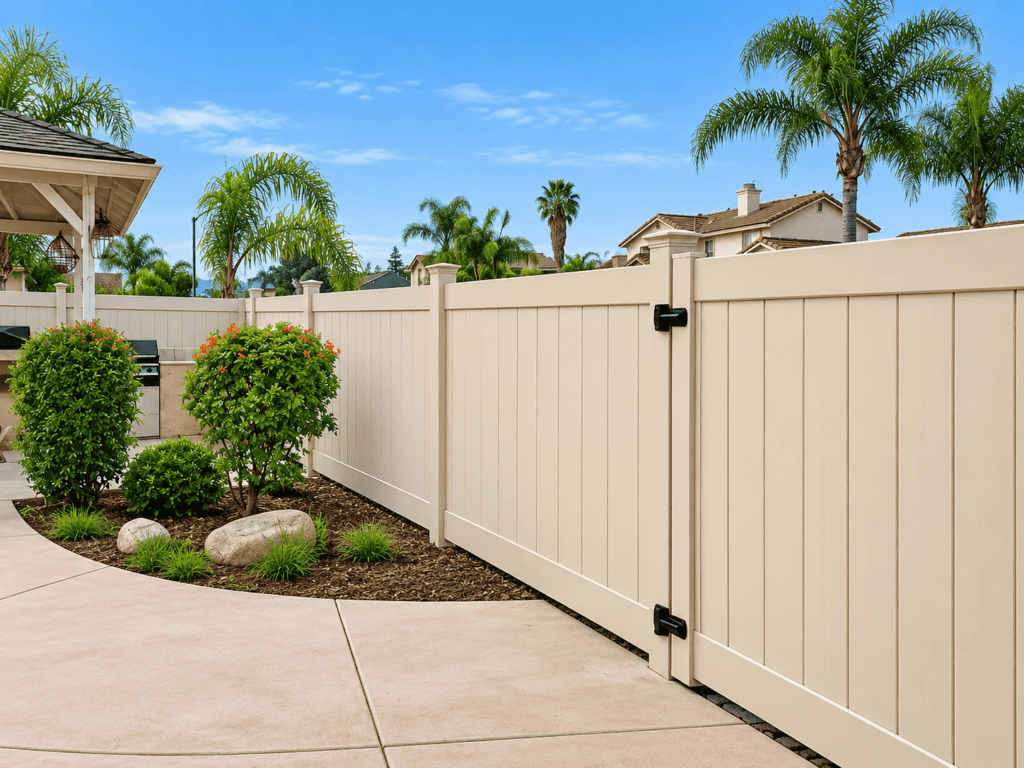 Beautiful beige privacy fence with lush landscaping and palm trees.