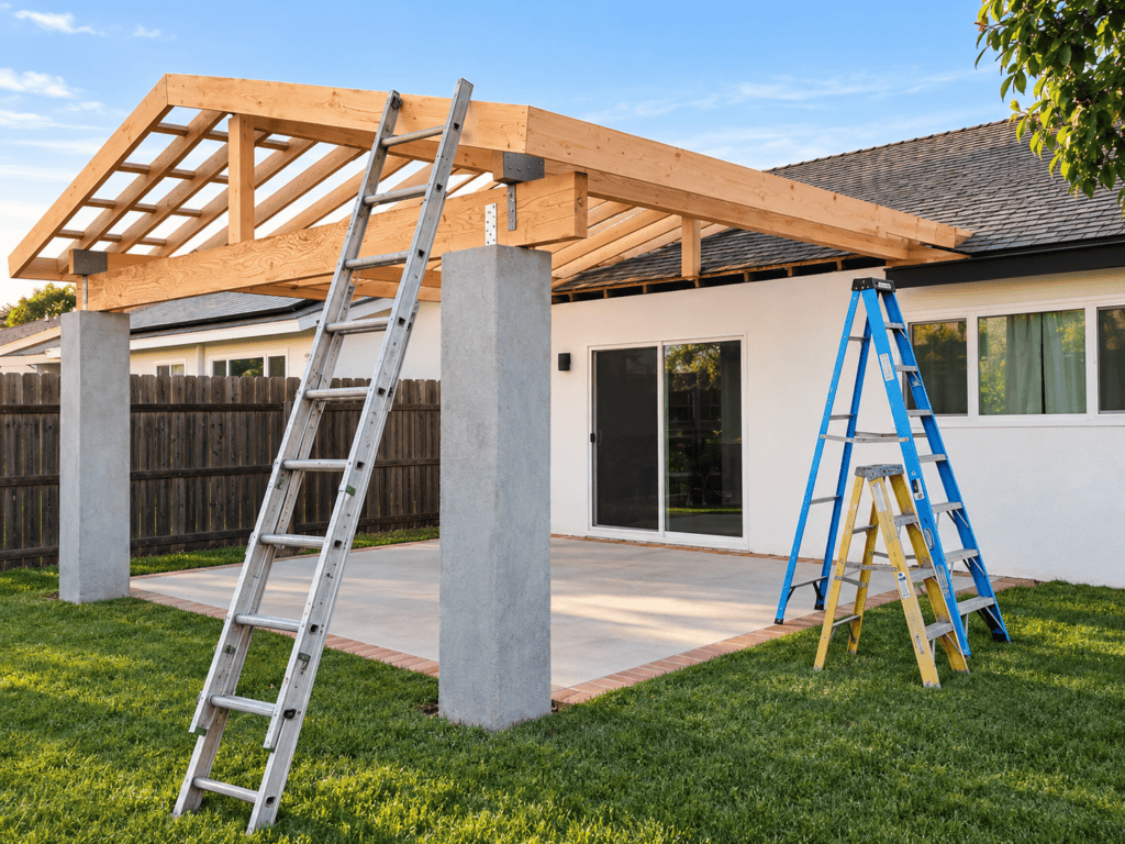 Construction of a backyard patio with wooden roof framework and ladders.