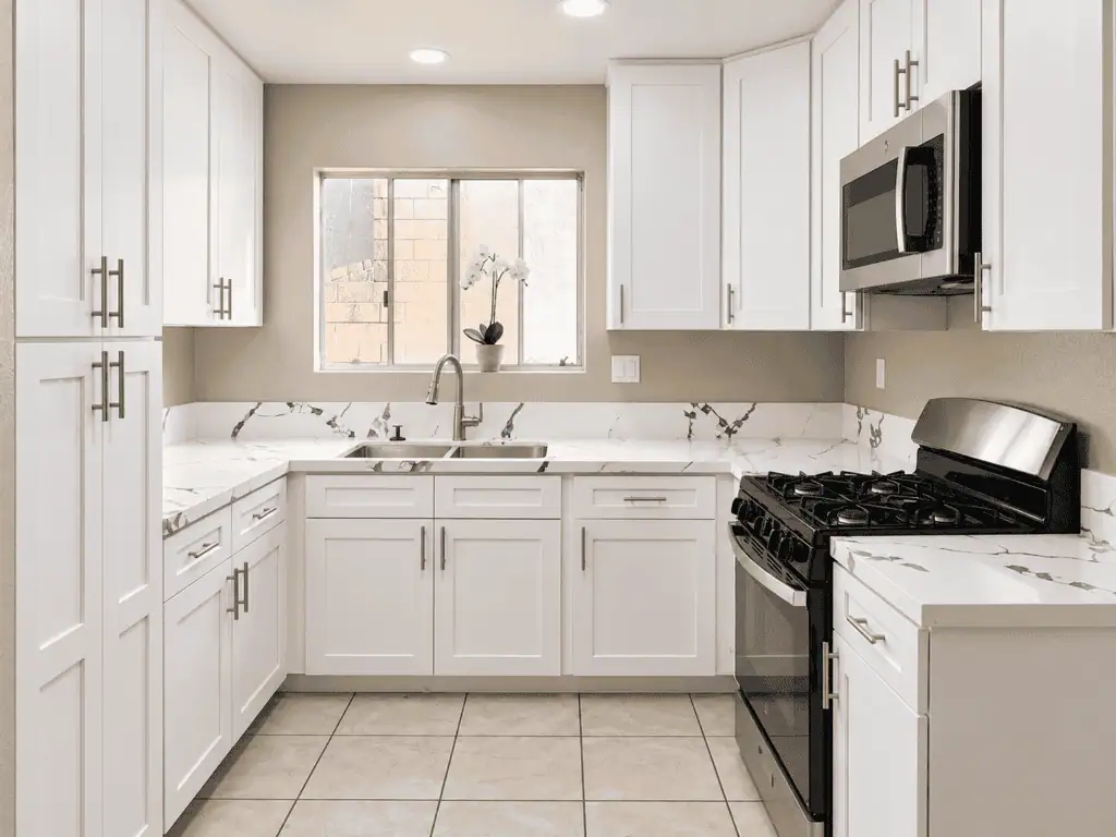 Bright modern kitchen with white cabinets and marble countertops.