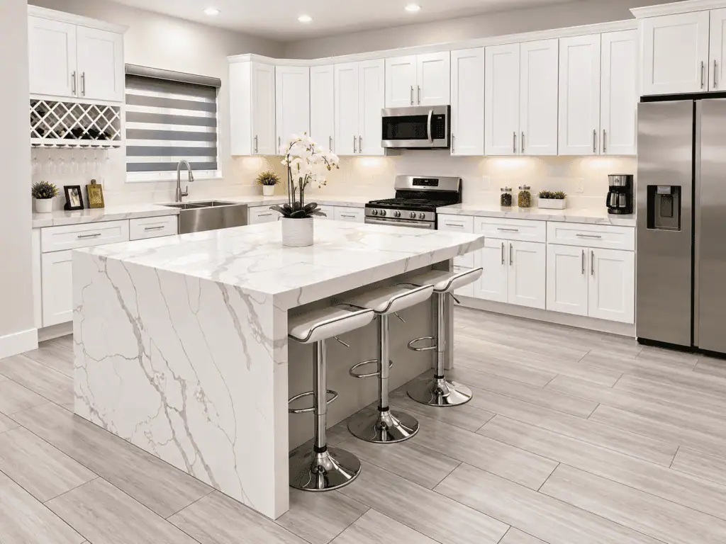 Contemporary white kitchen with marble island and stainless steel appliances.