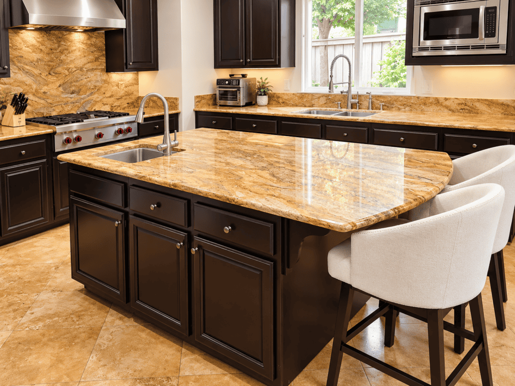 Contemporary kitchen with granite island, dark cabinets, and stainless steel appliances.