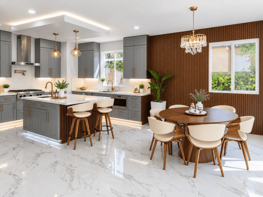 Contemporary kitchen with gray cabinets, marble countertops, and a round dining table.