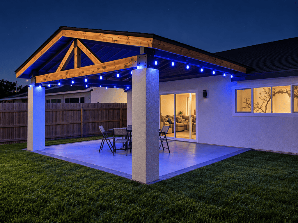 Night view of backyard patio with wooden pergola and blue string lights.